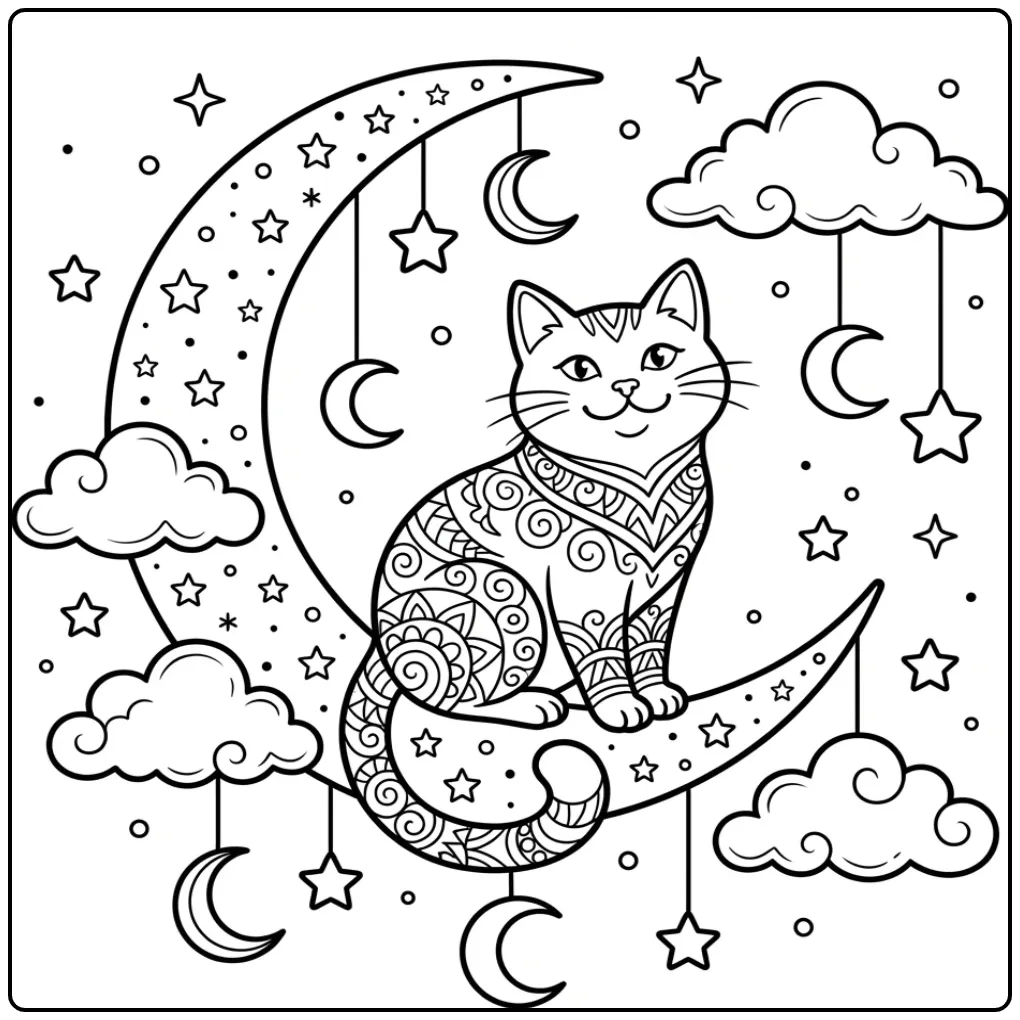 Mandala Cat coloring page on a crescent moon with stars