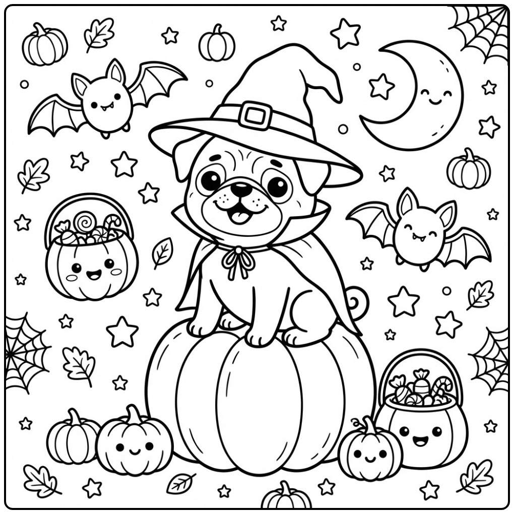 Magical Pug on a Big Pumpkin for Halloween coloring page