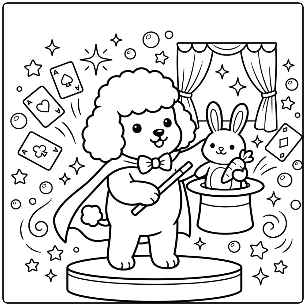 Magical Poodle with a Rabbit from the Hat coloring page