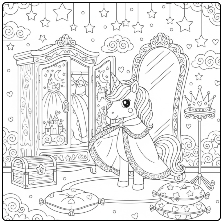 Magical Princess Unicorn with Cape for the Mirror coloring page