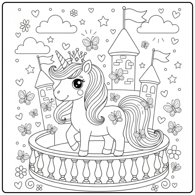 Magical Princess Unicorn and Butterflies in the Kingdom coloring page