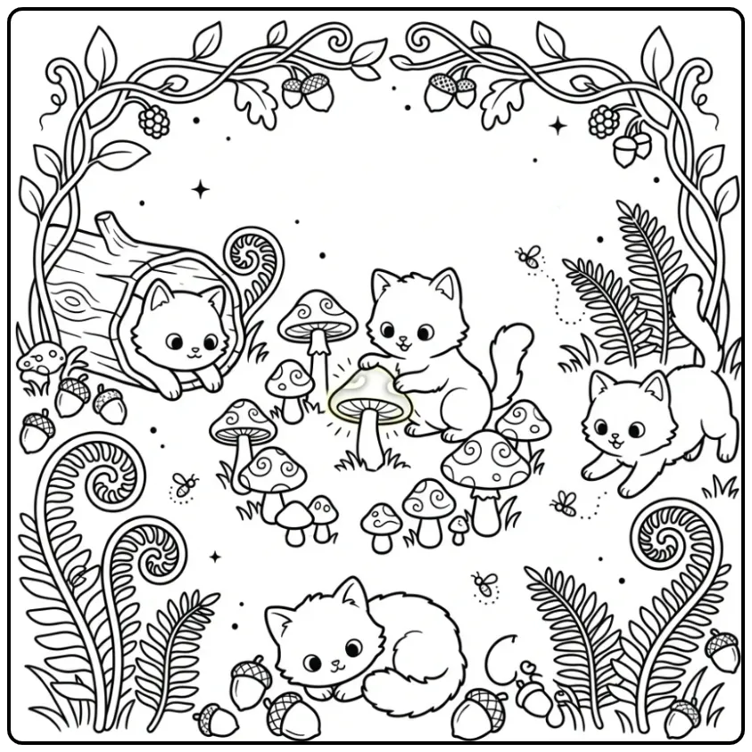 Magical Cute Kittens in a Fairy Tale Forest coloring page