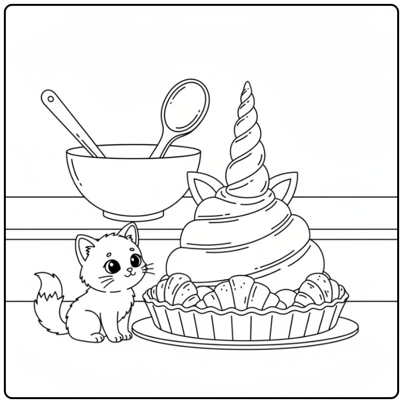 Magical Unicorn Croissant Cake with a Sweet Kitten coloring page