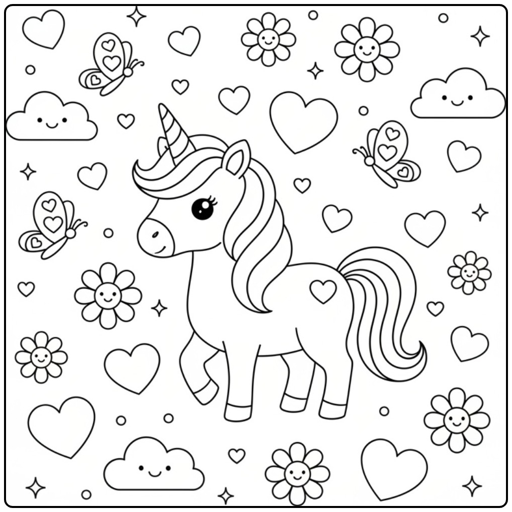 Magical Unicorn and Butterflies Hearts a Droom coloring page