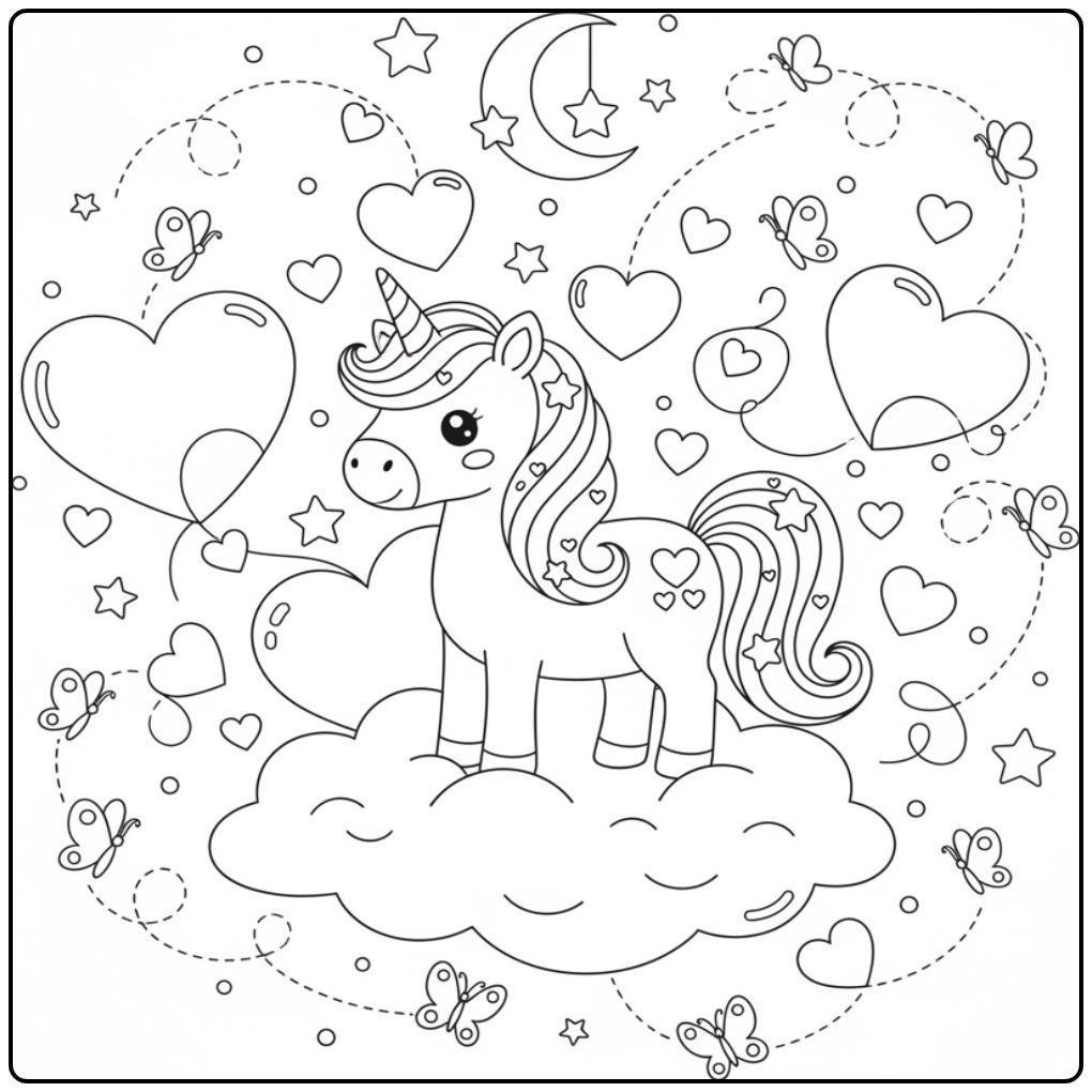 Magical Unicorn and Butterflies Hearts in a Droomwereld coloring page