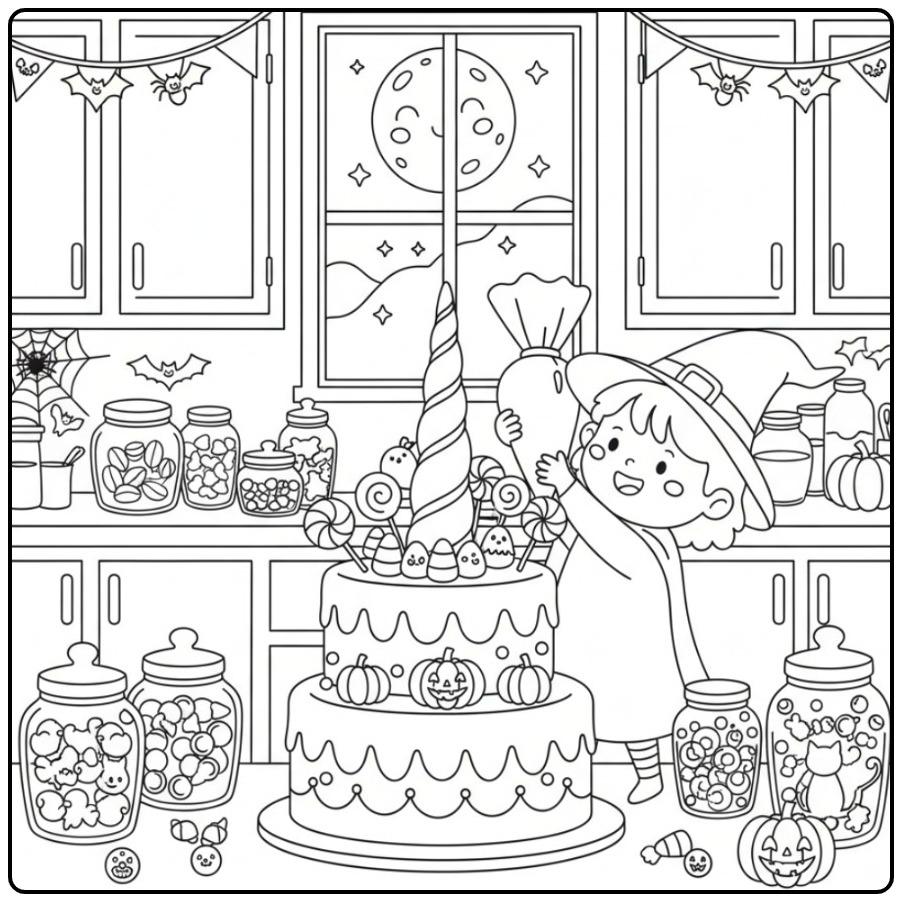Magical Unicorn Halloween Cake with a Small Heksje coloring page