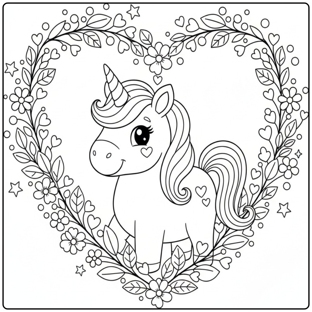 Magical Unicorn Hearts with Heart Wreath and Flowers coloring page