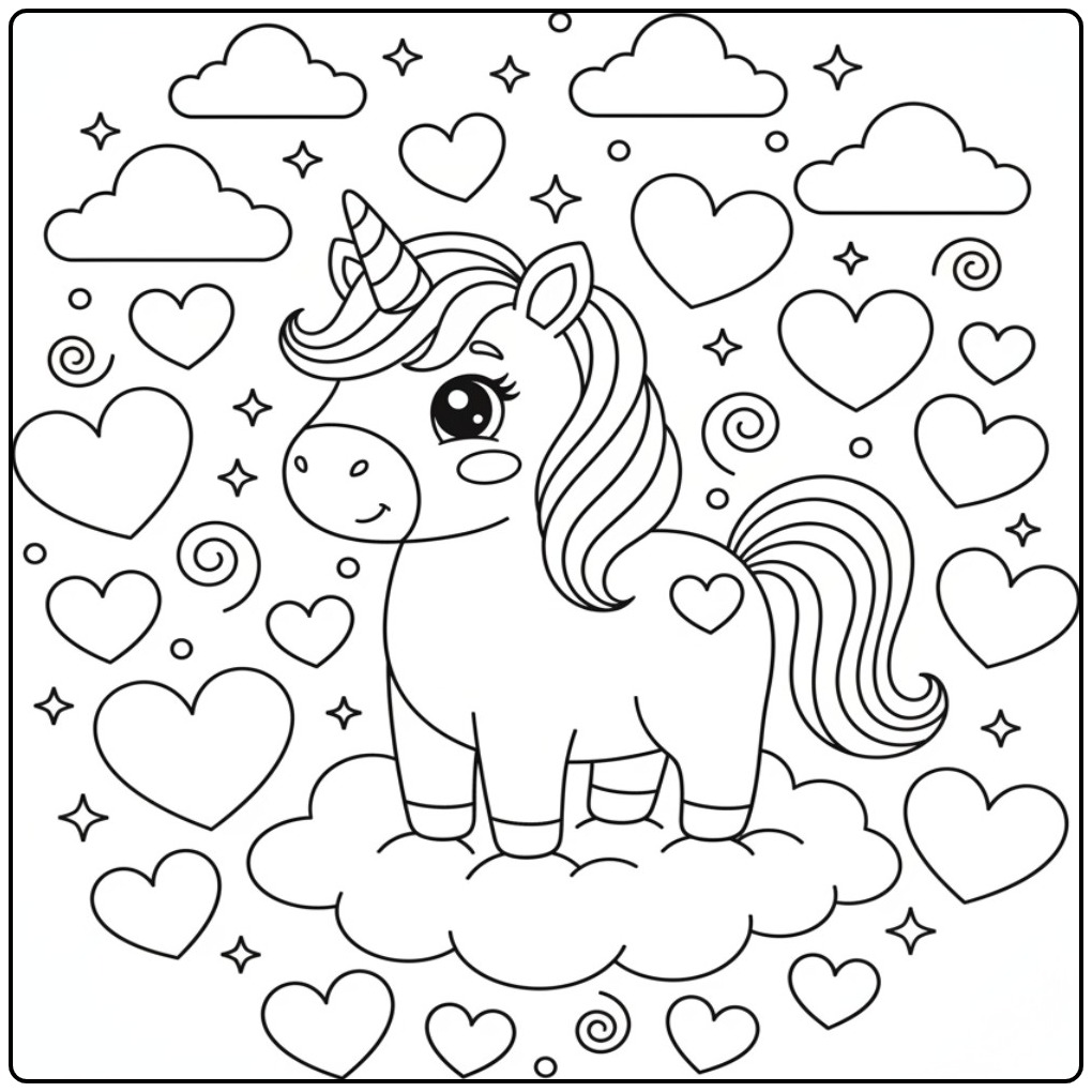 Magical Unicorn Hearts for Children coloring page