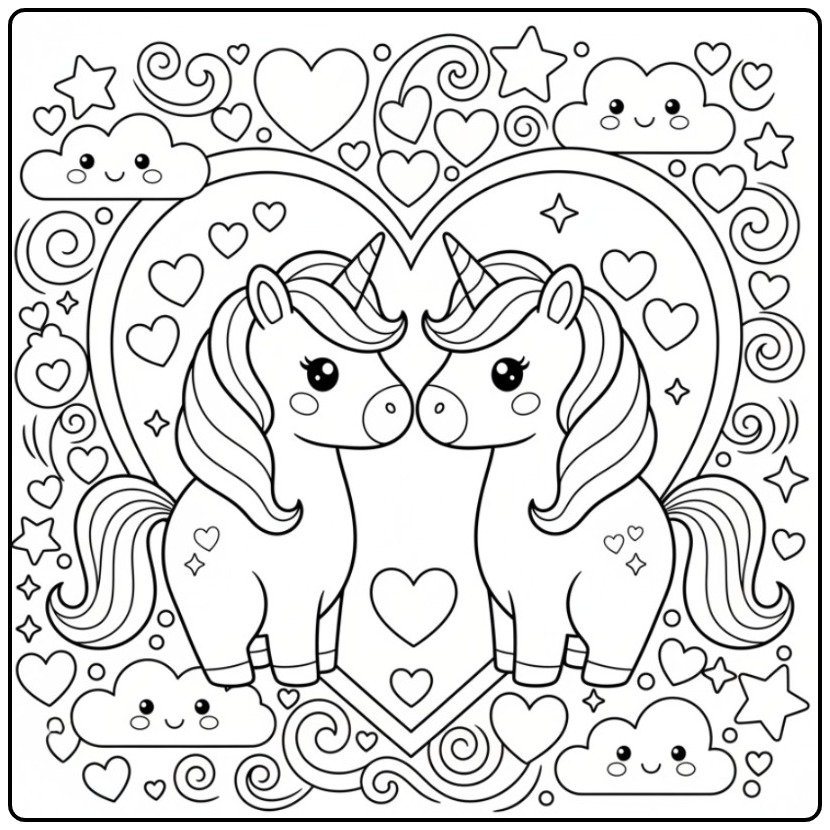 Magical Unicorn Hearts Full of Love and Starry Splendor coloring page