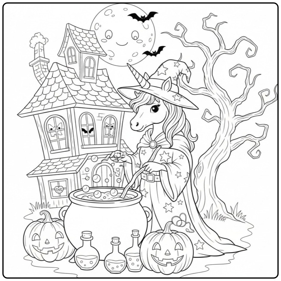 Magical Unicorn Witch for Halloween and Haunted House coloring page