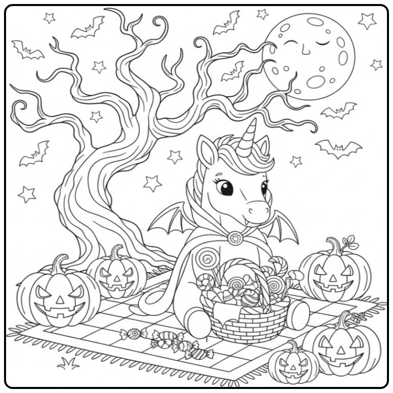 Magical Unicorn Witch for Halloween in the Night coloring page