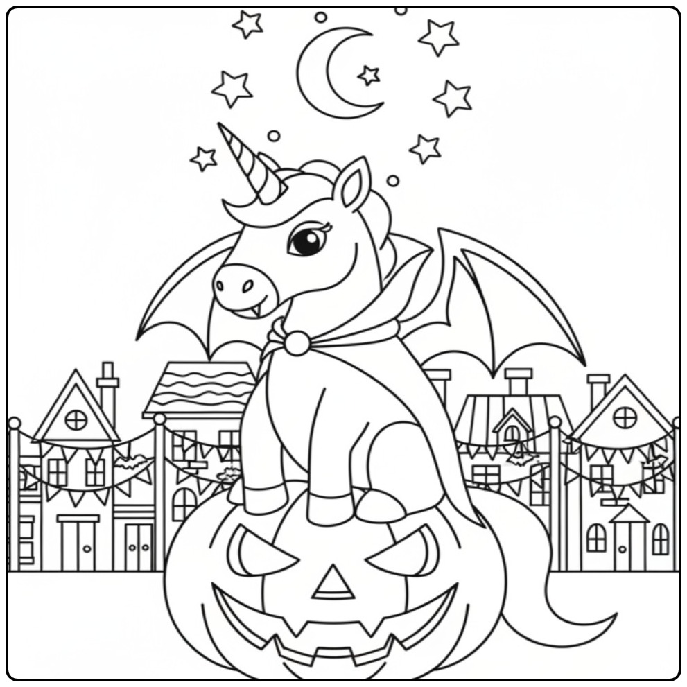 Magical Unicorn Witch for Halloween in a Stadje coloring page