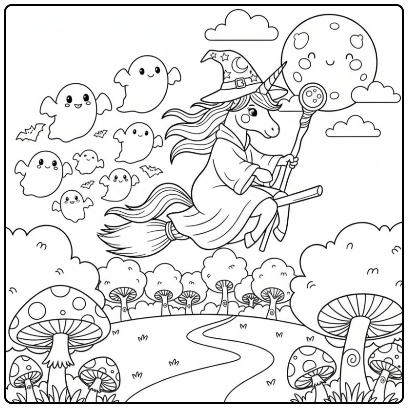 Magical Unicorn Witch for Halloween on a Broom coloring page