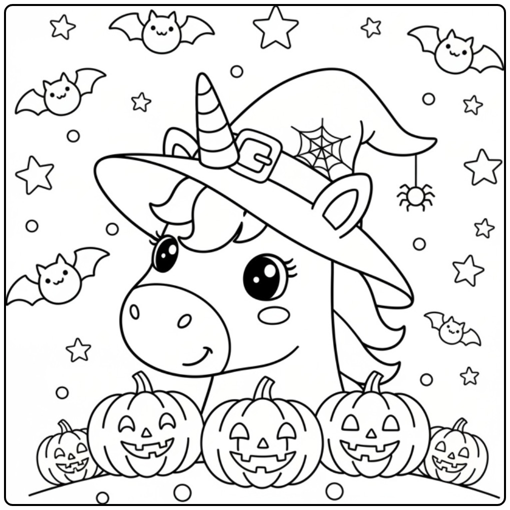 Magical Unicorn Head Halloween and Witch Hat coloring page