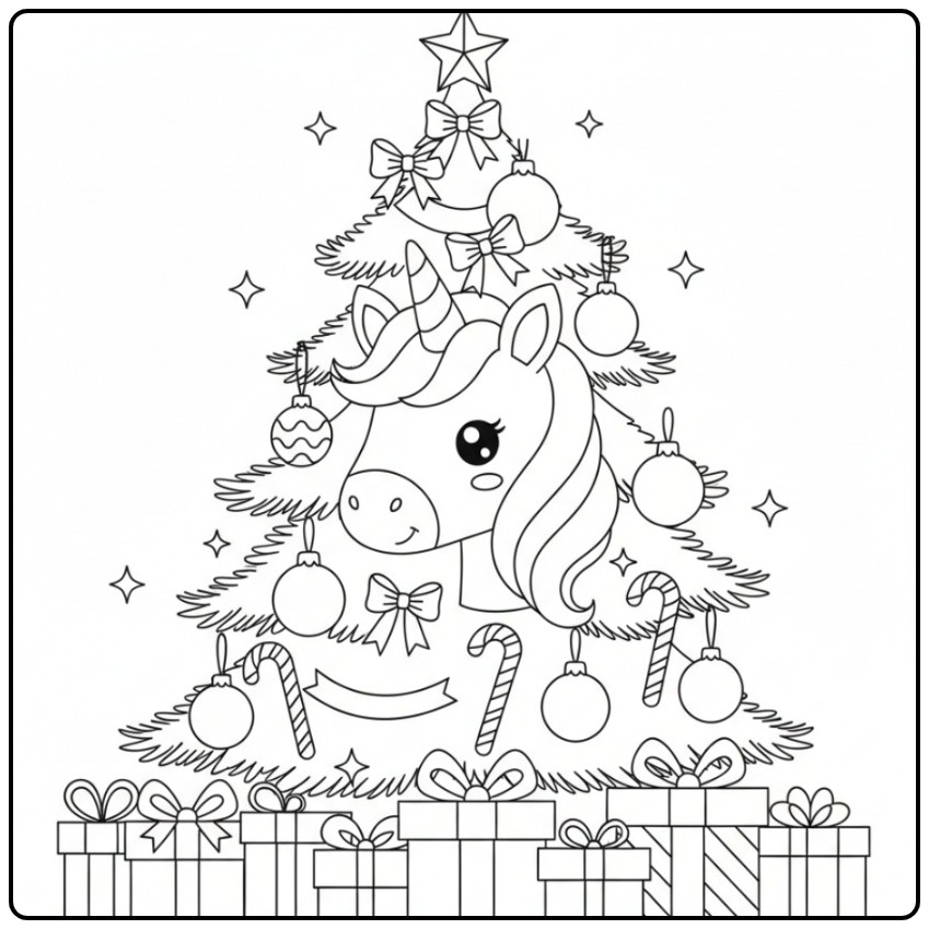 Magical Unicorn Head Christmas with Decorations coloring page