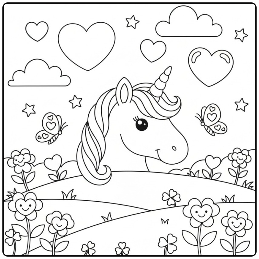 Magical Unicorn Head with Hearts and Flowers coloring page