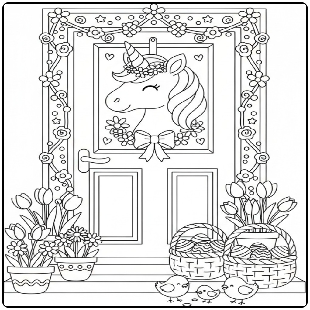 Magical Unicorn Head Easter and Sweet Little Chicks coloring page