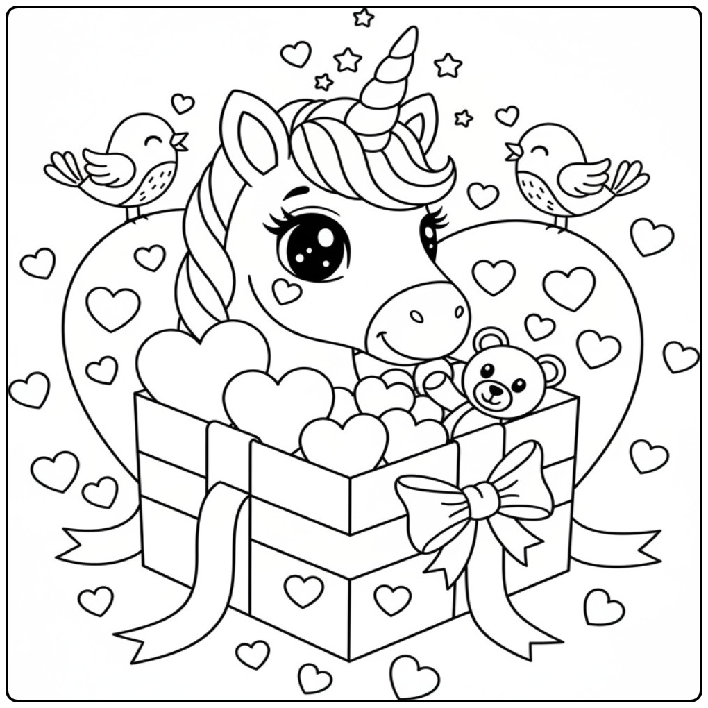 Magical Unicorn Head Valentine as Surprise coloring page