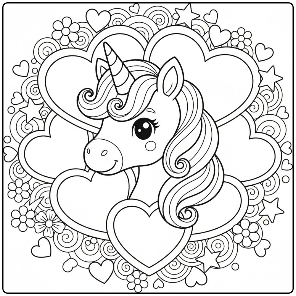Magical Unicorn Head Valentine Full of with Love coloring page
