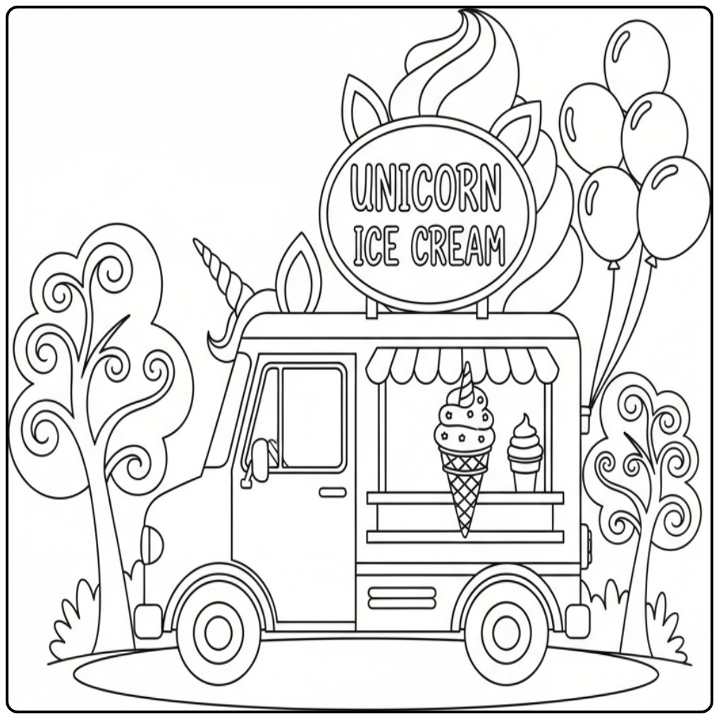 Magical Unicorn Ice Cream Foodtruck for Hours Coloring Fun coloring page