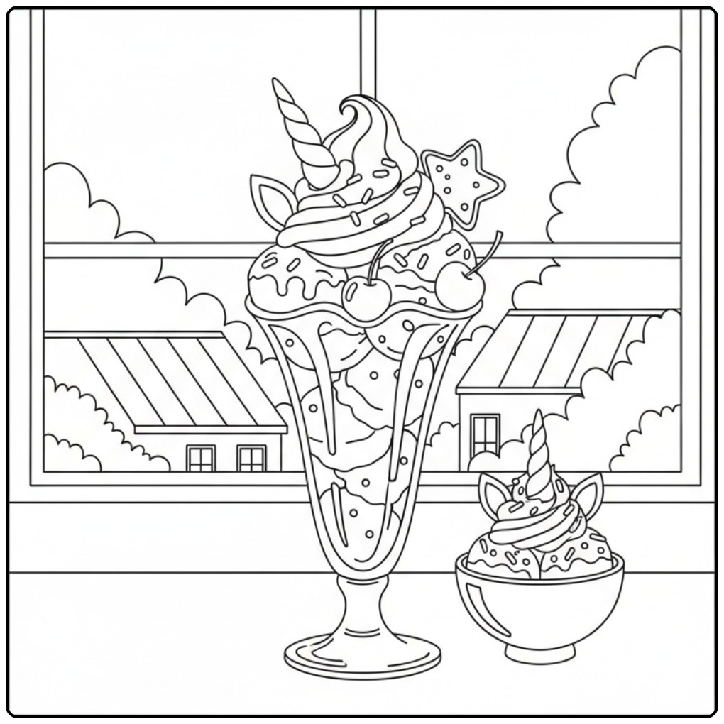 Magical Unicorn Ice Cream Delicious Sundae and Cup coloring page
