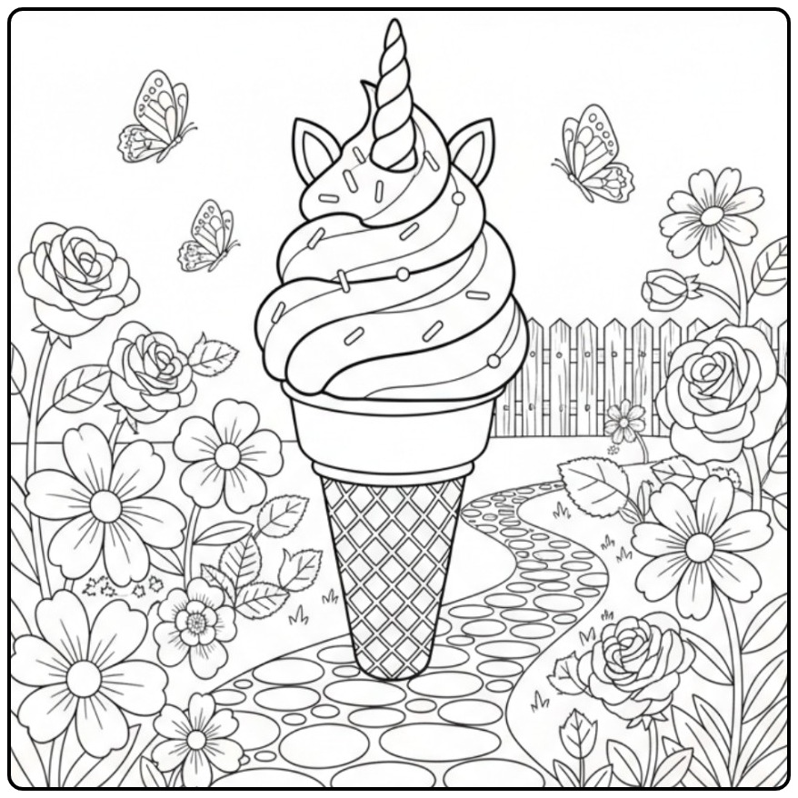Magical Unicorn Ice Cream to Center of Flowers and Path coloring page