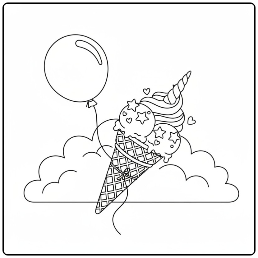 Magical Unicorn Ice Cream Floating Among the Clouds coloring page