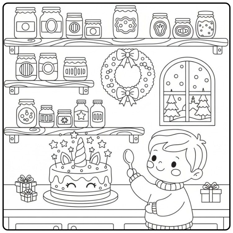 Magical Unicorn Christmas Cake for the Holidays coloring page
