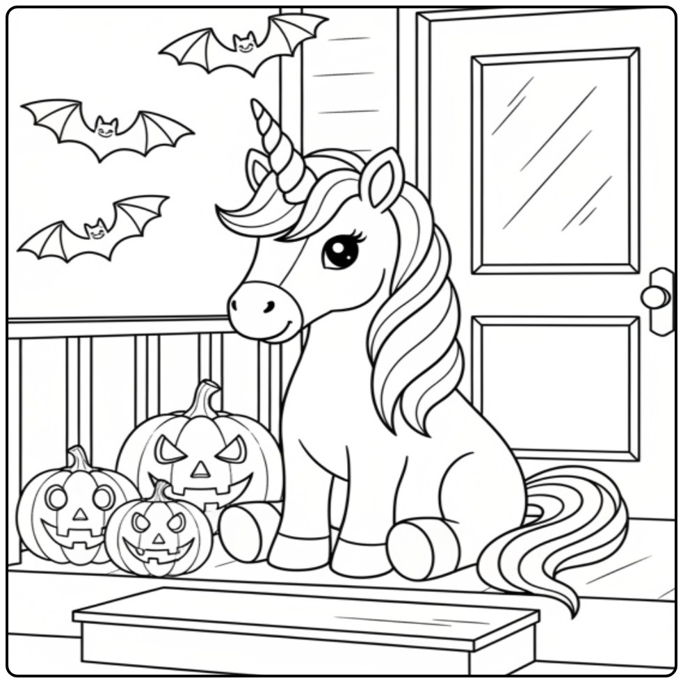 Magical Unicorn with Pumpkin for Halloween Party 1 coloring page