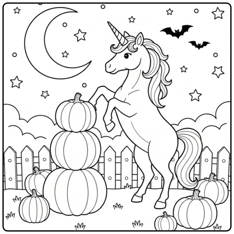 Magical Unicorn with Pumpkin for Halloween Night 1 coloring page
