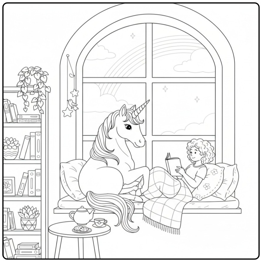 Magical Unicorn Rainbow in a Cozy Room coloring page