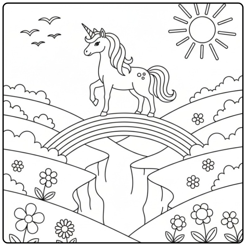 Magical Unicorn Rainbow with Flowers and Sunshine coloring page