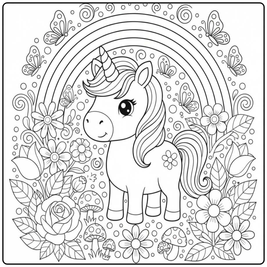 Magical Unicorn Rainbow with Fun Butterflies coloring page