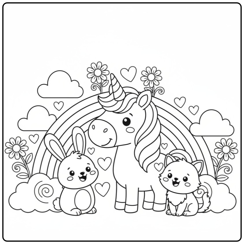 Magical Unicorn Rainbow with Cute Animals coloring page