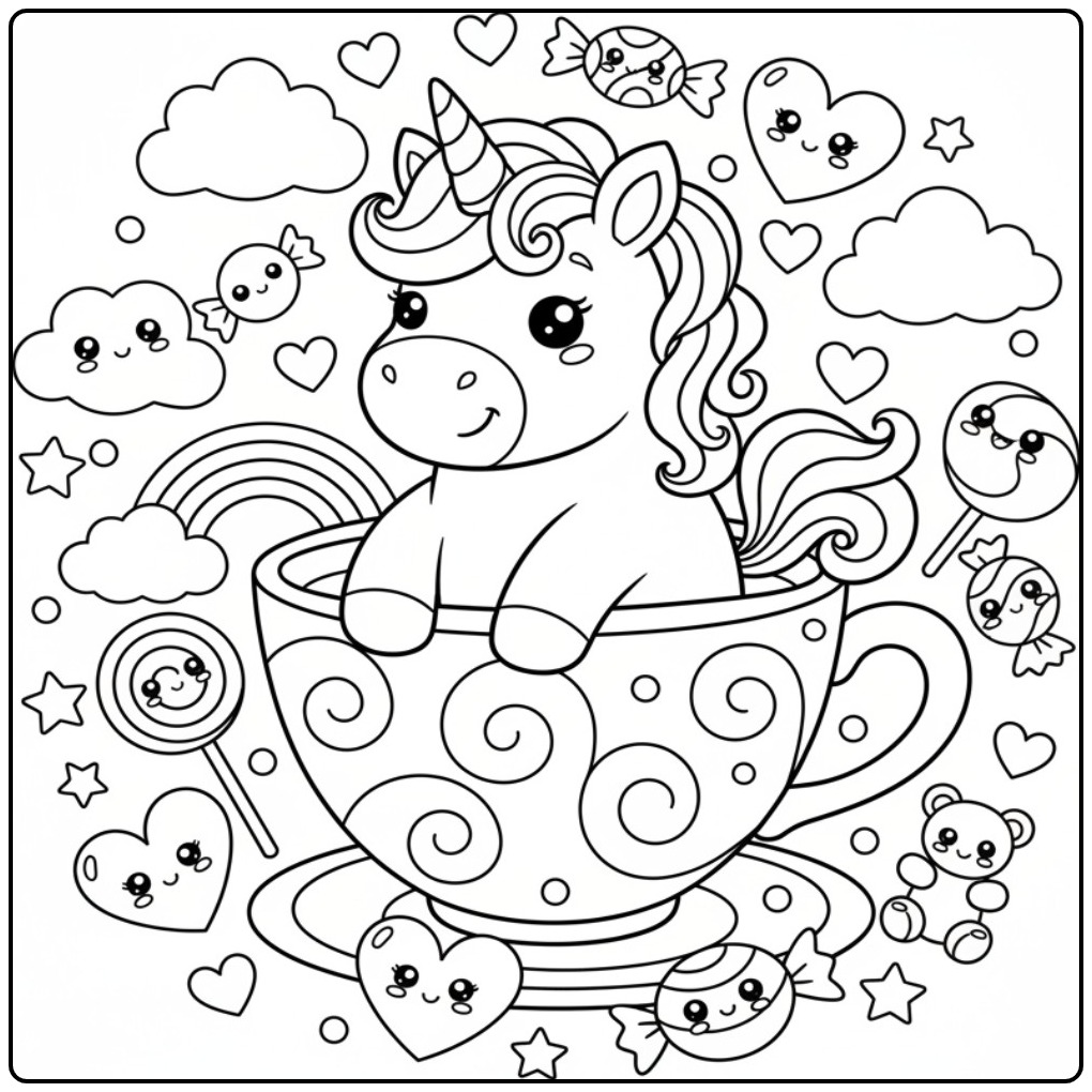Magical Unicorn Rainbow with Candies and Hearts coloring page