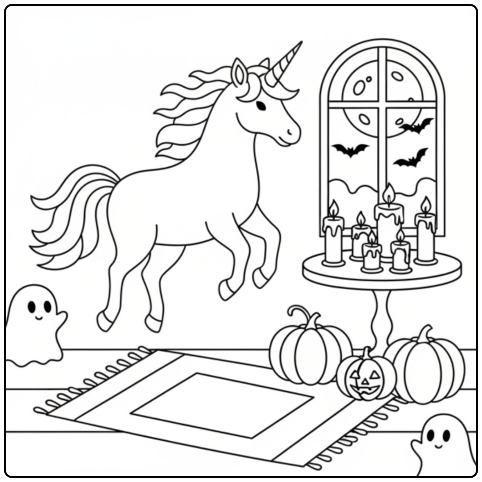 Magical Unicorn Ghost for Halloween in a Room coloring page