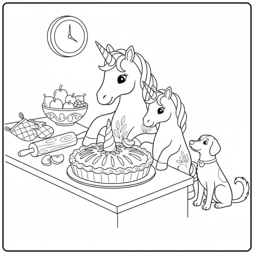 Magical Unicorn Cake Baking with Mother and a Puppy coloring page