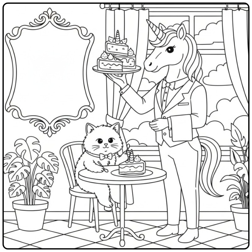 Magical Unicorn Cake in a Elegant Restaurant coloring page