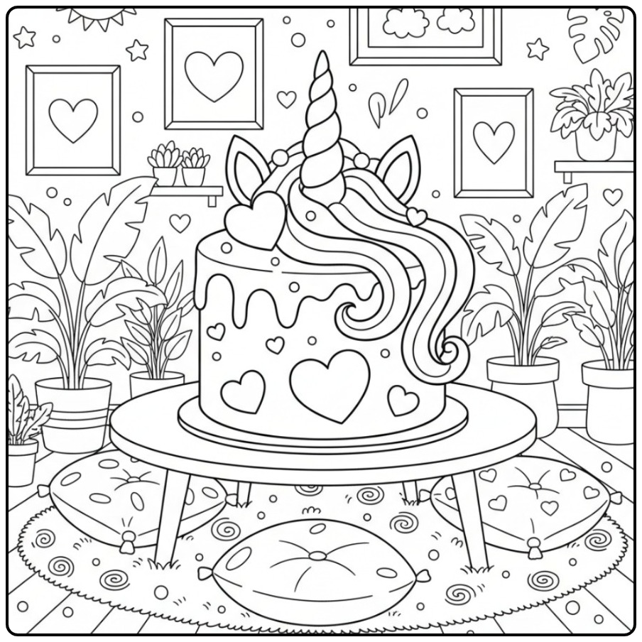 Magical Unicorn Cake with Hearts coloring page