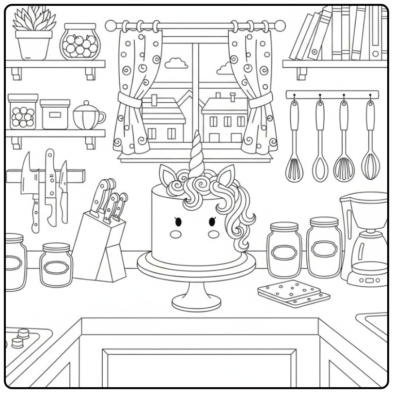 Magical Unicorn Cake on the Aanrecht for You coloring page