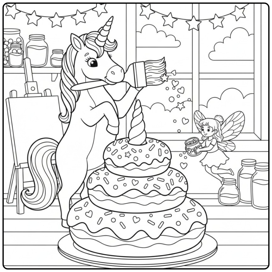 Magical Unicorn Cake Decorating with a Fairy coloring page