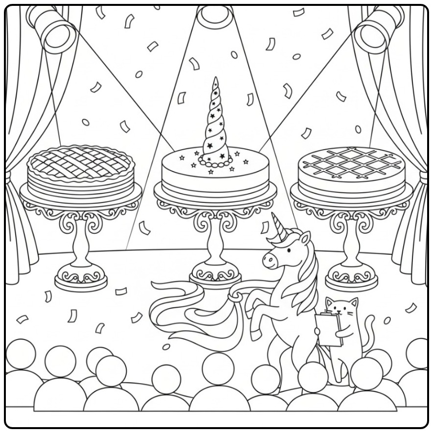 Magical Unicorn Cake for a Festive Show coloring page