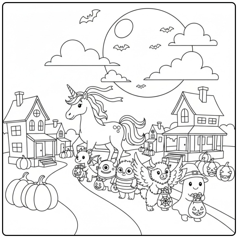 Magical Unicorn Trick or Treat in Halloweensfeer coloring page