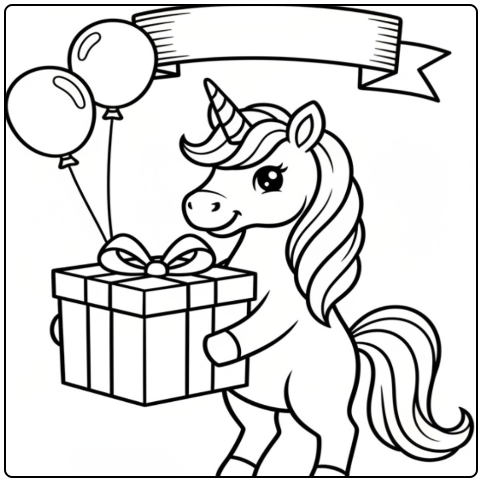 Magical Unicorn Birthday with Balloons and a Ribbon coloring page