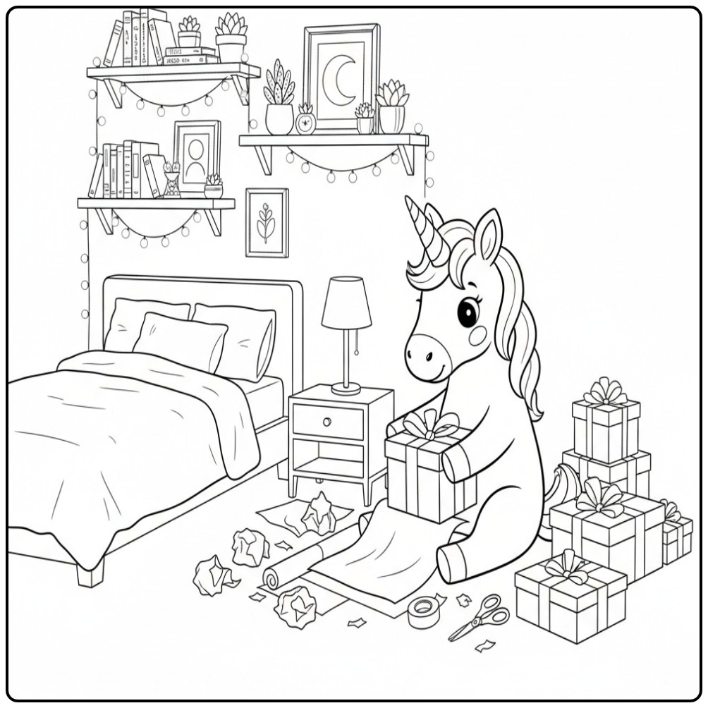 Magical Unicorn Birthday with Gifts coloring page