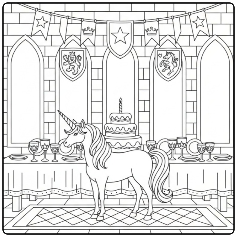 Magical Unicorn Birthday with a Big Cake coloring page