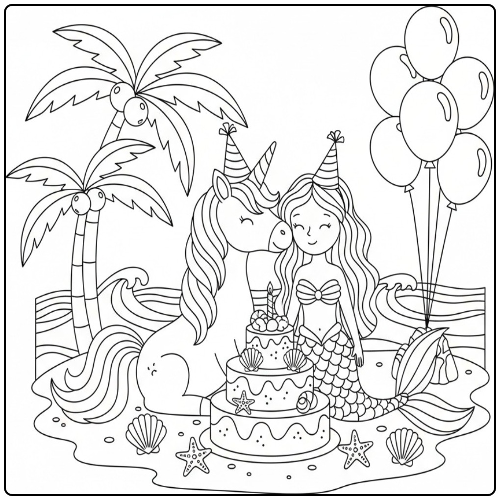 Magical Unicorn Birthday with a Sweet Mermaid coloring page