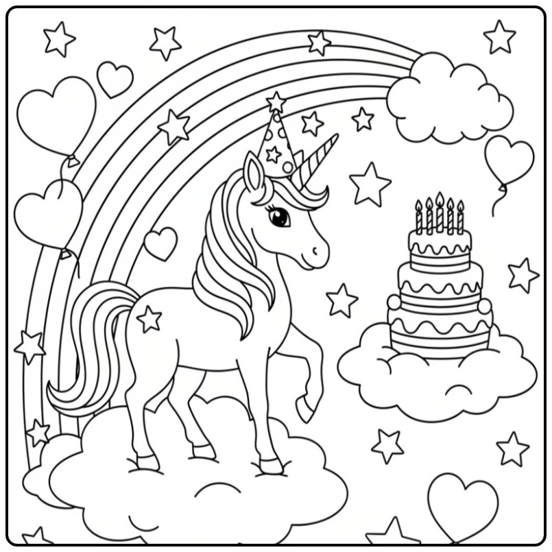Magical Unicorn Birthday with Party Hat and Balloons coloring page