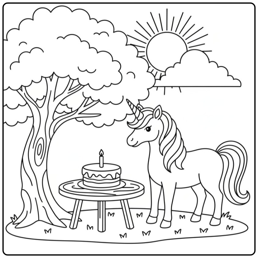 Magical Unicorn Birthday Under the Cheerful Sun coloring page