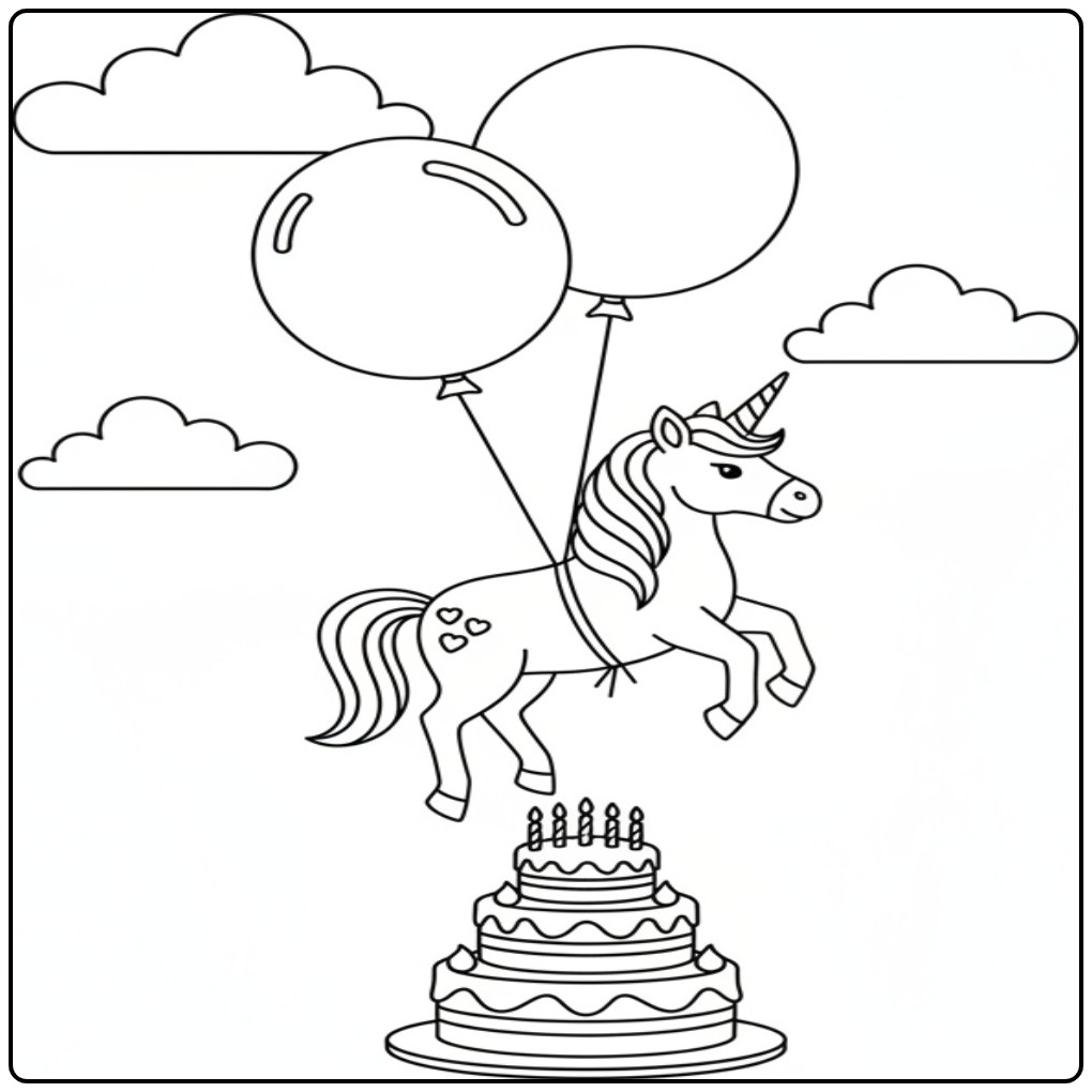 Magical Unicorn Floating Above a Birthday Cake coloring page